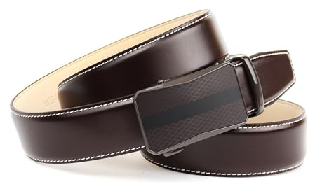 Anthoni Crown Herren-Ledergürtel – Dunkelbraun mit weißen Nähten, 3,5 cm breit, automatische Schnalle in Schwarz-Matt mit Ton-in-Ton-Sticker-Design, stufenlos verstellbar