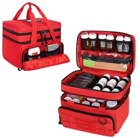 CURMIO Tactical Erste Hilfe Tasche, Doppelschicht Medikamententasche, Rot | Doppellagiges, Taktisches Design, 5 Herausnehmbaren Trennwänden, für Wanderungen, Camping und Reisen, Leere Organizer Tasche