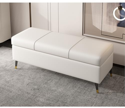 Extra lange weiße Kunstleder-Ottoman-Bank – stilvolles PU-Leder-Kissen für Wohnzimmer, Eingangsbereich und Schlafzimmer – vielseitige rechteckige Aufbewahrungskiste (90 cm)