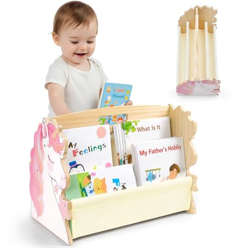 MHJY Kids Bookshelf – Wooden Double-Sided Sling Book Rack with Canvas Storage, Toddler Bookcase for Nursery, Bedroom, Playroom – Montessori Style Children’s Book Organiser