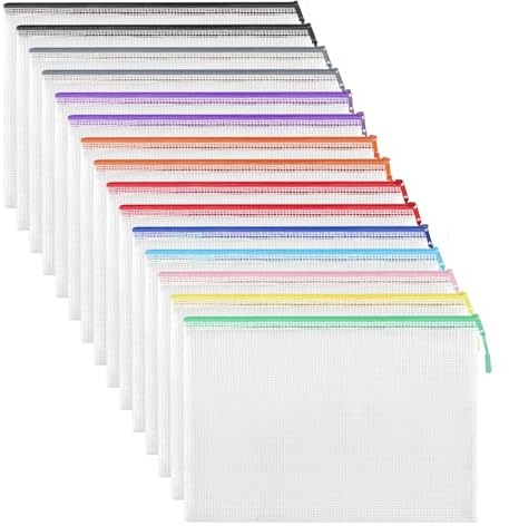 Plastic Wallets, 15PCS A4 Mesh Document File Folders Pouch Zipper Bags for Stationery,Documents,Tool Storage, Waterproof Ziplock Bags for School Office Supplies,Travel Storage(10 Colours)