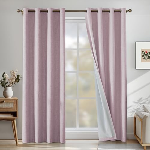 CYCMACO Verdunklungsvorhänge Leinen 2er Set, 200x210cm, Kälteschutz Thermovorhang Mit Ösen, Lärmschutzvorhang, Wohnzimmer Lichtundurchlässig Vorhänge, Schlafzimmer Vorhänge, Rosa