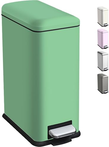Ullege Bathroom Bin with Lid, Small Pedal Bin, Slim Rubbish Bin for Bedroom | Green, 10L Small Rubbish Bin with Inner Bucket, Stainless Steel Pedal Bin with Soft-close Lid, Slim Bin for Bathroom, Bedroom