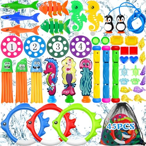 ZLPBAO 45 Pezzi Giocattoli da Immersione, Giochi Acqua Bambini Set da Immersione subacquee Giochi d'affondamento Addestramento Regalo per Bambini con Borsa per Il Trasporto
