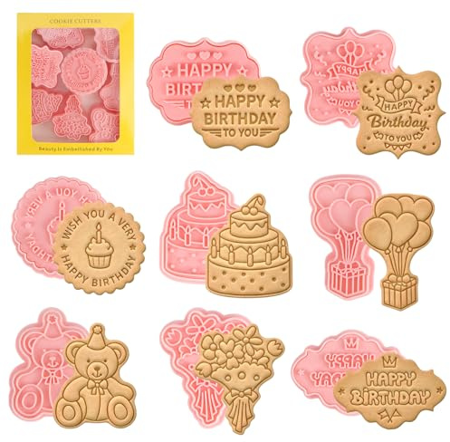 Lot de 8 Anniversaire Emporte Piece en plastique,Moules à Biscuits 3D Happy Birthday Biscuits Pâtisserie Emporte-Pièces pour Fêtes d'Anniversaire Cookies DIY