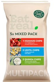 Mixed Pack Chips, Hummus Chips with Tomato & Basil, Lentil Chips with Salt, Quinoa Chips with Sour Cream & Chive, Gluten Free Plant Based, 5 Pack, 1 x 98g