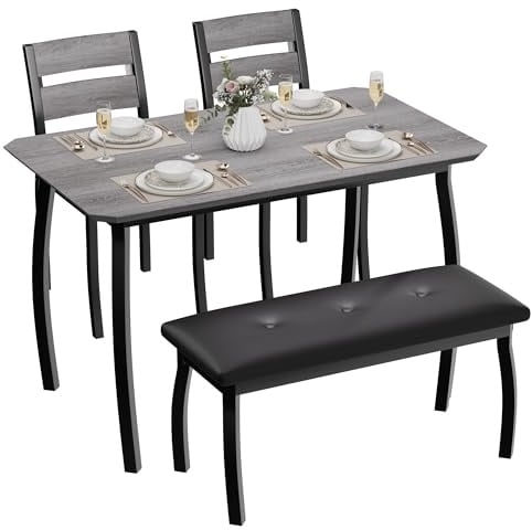 Thaookte 4-Teiliges Küchentisch-Set, Esstisch Mit 2 Stühle & Gepolsterten Bänken Für Kleine Räume, Rechteckig Esstisch Aus Metall Und Holz Für 4, Ideal Für Esszimmer & Apartment, Grau