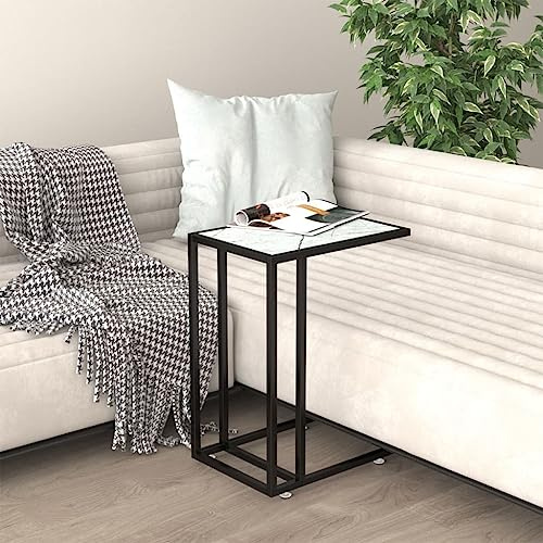 Owoxanthellate White Marble Side Table 50x35x65 cm Tempered Glass Top Modern Accent End Table for Living Room Bedroom Sofa Laptop Coffee Snack Bedside