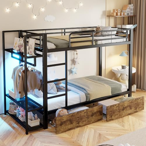 odikalo Etagenbett 90x200 cm, Kinderbett, Metallrahmenbett, 2 Schubladen, mehrere Ablageflächen, mit LED-Lichtleiste, mit Kleiderstange, Jugendbett, mit Lattenrost, Schwarz(ohne Matratze)