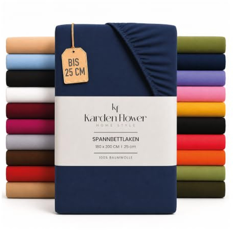 Karden Flower Jersey Spannbettlaken 140x200cm Dunkelblau - Spannbetttuch 100% Baumwolle, Bettlaken 140x200 Bis 25 cm Matratzenhöhe Dunkelblau