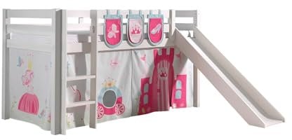 Spielbett inkl. Rutsche mit Textilset Vorhang & 3 Taschen Princes, Kiefer massiv weiß