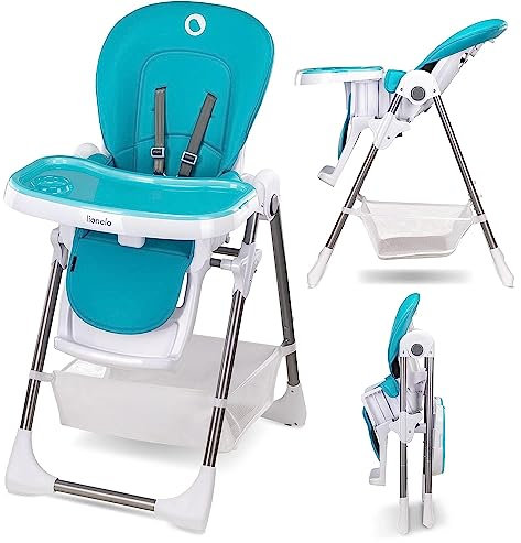 LIONELO Linn Plus seggiolone pappa compatto reclinabile regolabile e pieghevole con vassoio staccabile cinture a 5 punti con cuscino riduttore e ruote fino 15 kg (turchese)