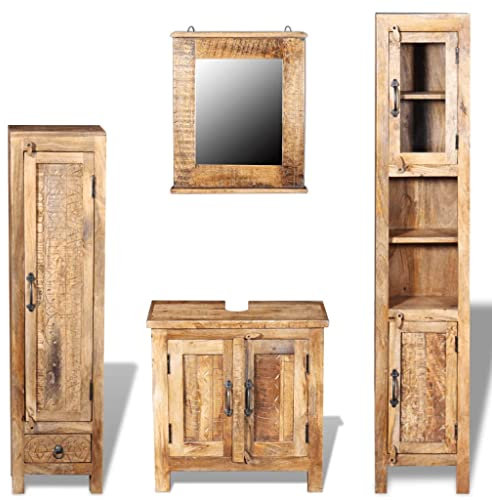 vidaXL Massivholz Badmöbel Set Spiegel Badschrank Waschbeckenunterschrank Mango