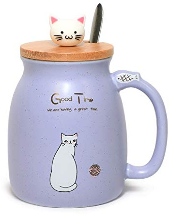 GinkgoHome Cute Cat Milky Ceramic Mug With Spoon And Wood Lid Cute Design Fine Porcelain Cups Perfect For Coffee, Tea and Beverage (LavenderPurple)