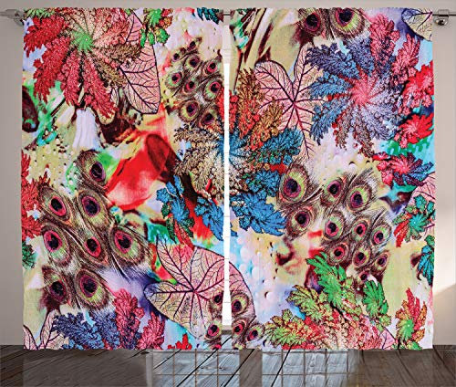 ABAKUHAUS Bunt Rustikaler Vorhang, Pfau-Feder-Tier, Wohnzimmer Universalband Gardinen mit Schlaufen und Haken, 280 x 245 cm, Blau Grün