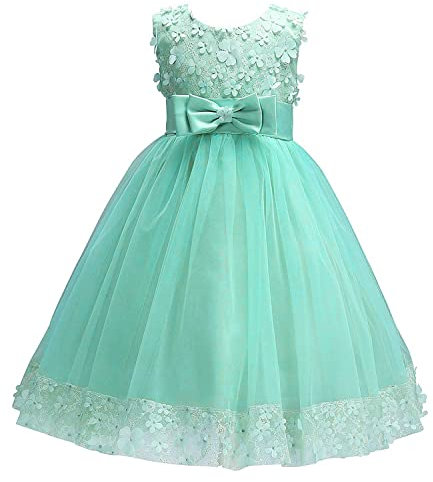 Discoball Abito da principessa per ragazze, con fiocco in tulle, con ricamo, fiore e ragazza, per feste di compleanno, matrimonio, damigella d'onore, Verde, 1-2 Anni