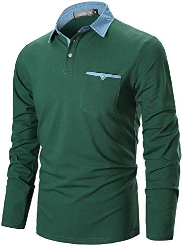 GNRSPTY Poloshirt Herren Langarmshirt Basic Polohemd Denim Nähen Casual Baumwolle Golf Tennis T-Shirt,Grün,XXL