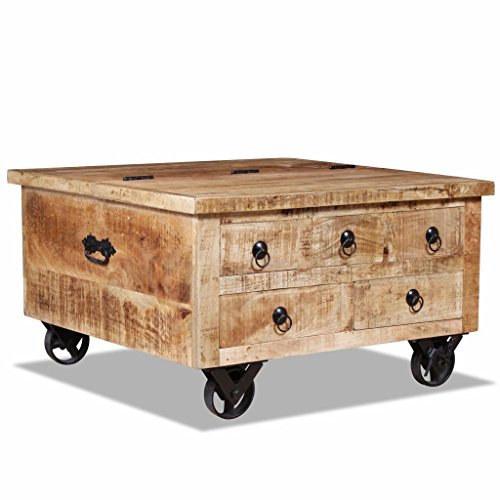 yorten Couchtisch Wohnzimmertisch Sofatisch mit Schubladen aus Raues Mangoholz 70 x 70 x 40 cm (L x B x H) mit 4 Eisenrädern