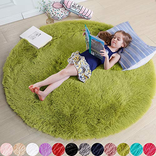 Grasgrüner runder Teppich für Schlafzimmer, flauschiger Kreisteppich für Kinderzimmer, pelziger Teppich für Jugendzimmer, zotteliger Teppich für Kinderzimmer, flauschiger Plüschteppich für Schlafsaal,