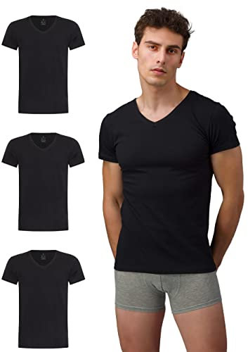 Burnell & Son Lot de 3 t-shirts pour homme - Col en V - Stretch - Manches courtes - En coton - Coupe ajustée, 3 x noir., XL
