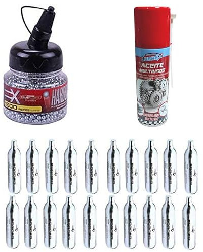 Kit de consumibles para Pistolas de Bolas y CO2 | Balines BB's + bombonas de CO2 12gr Alto Rendimiento + Aceite Multiusos