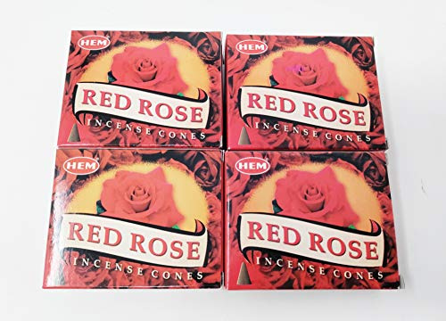 Lot de 4 paquets de 10 cônes d'encens Hem - 40 cônes au total - Avec marque-page magnétique JRose (rose rouge)