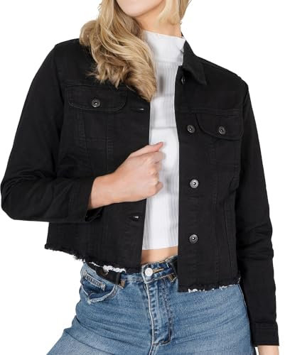 NOROZE Women's Denim Jacket Cropped Denim Jacket Women Ripped Self Fabric Distressed Hem Casual Jean Coat (16, Black)