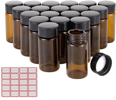 Pxyelec 20 Pack Set 20 ML Brown Screw Cap Glass Bottle for Essential Oils, Perfumes and Oil Blends Comes with Red Handwritten Sticker Paper