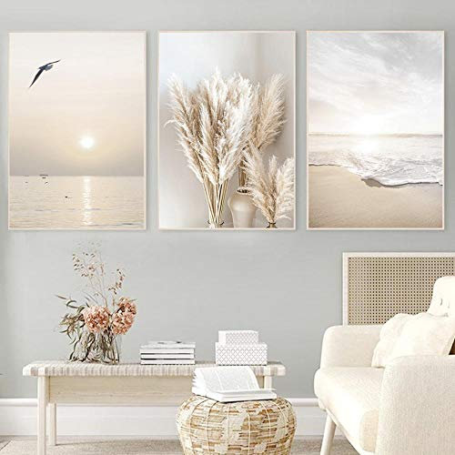 TZZXYXGS 3 Stück Wandkunst Beige Gras Sonnenuntergang Strand Palme Leinwand Malerei Nordische Poster Und Drucke Wandbilder Für Wohnzimmer Dekor Rahmenlos 50X70Cm * 3
