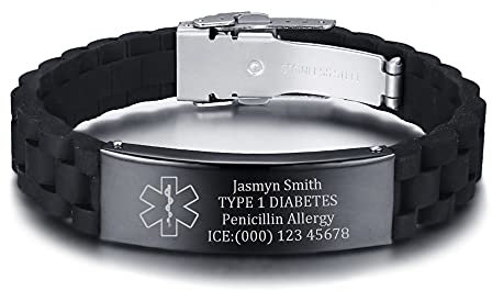 Personalisierte maßgeschneiderte Silikon-Sport-Armband Edelstahl-ID-Platte medizinische Alarm-Armbänder, SOS-Notfall-Sport im Freien tägliches Armband für Unisex, Jugendliche, einstellbar