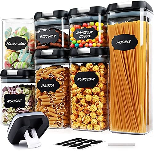 Amzeeniu Set mit 7 Vorratsdosen aus Kunststoff, BPA-frei, luftdicht, stapelbar, mit Deckel mit einfacher Verriegelung, Etiketten und Kreidemarker, für Müsli, Nüsse