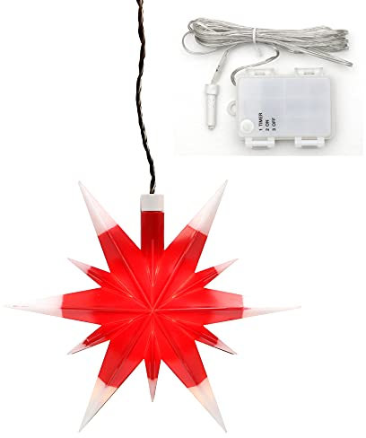 Weihnachtsstern aus Kunststoff in rot/weiß, für Innen und Außen geeignet, inkl. LED Beleuchtung und 6h Timer, für Batteriebetrieb. Maße L/B/H: 13,5 x 5,5 x 12 cm.