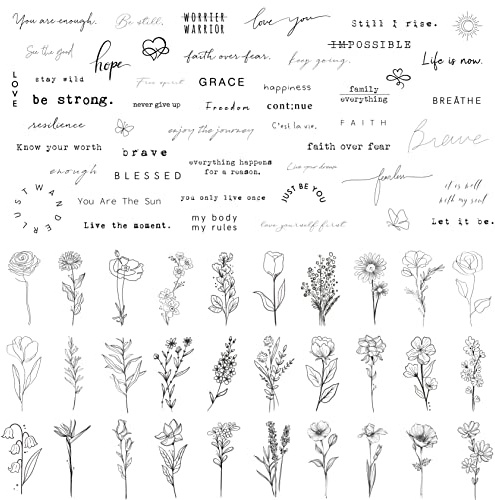 TATUWST Realistic Temporary Tattoos - 60 Sheets Tiny Small Removable Tattoos, 30 Pcs Inspirational Quotes Words Tattoos, 30 Pcs Wild Flower Ink Line Botanical Floral Leaf Tattoo Stickers for Women