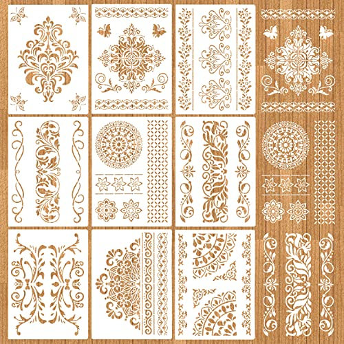 MWOOT 9 Pièces Mandala Fleur Pochoir Stencils Kit, DIY Réutilisable Dessin Peinture Pochoirs, Mandala Dot Painting Templates Accessoire pour Murale Bois Meubles Scrapbooking Décoration (28x21CM)