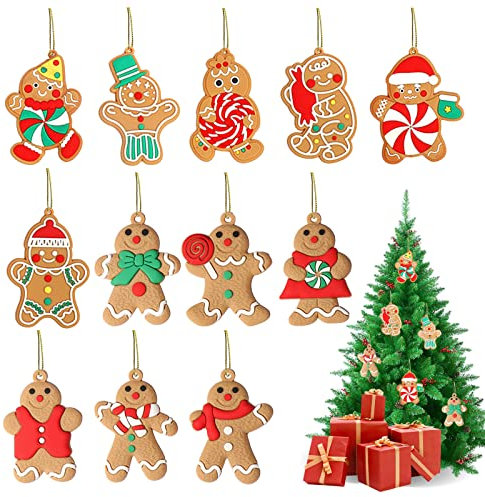 Yaclonq 12 Pezzi Natale Omino Pan di Zenzero Decorazioni Ornamento per Albero di Natale Ciondolo Appese a Uomo di Pan di Zenzero per Feste