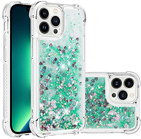 IMIRST Silicone Phone Case for Apple iPhone 13 Pro Max, Corner Airbag Fall Protection Bling Glitter Quicksand Liquid Sparkle TPU Case Cover for Apple iPhone 13 Pro Max. YBW Love Green