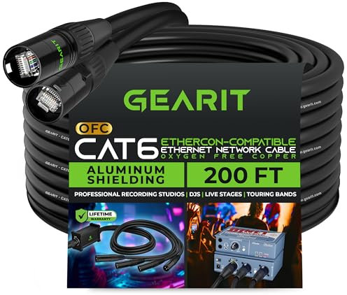 GearIT CAT6 Ethernet Cable, EtherCON-Compatible (200 Feet) RJ45 Connectors for Pro Audio, Aluminum Shielded, Oxygen Free Copper - 200 ft. - Black