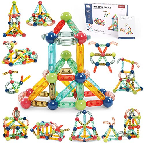 VATOS Magnetische Bausteine – 60 Teile Magnetspielzeug Stöcke ab 3 Jahre Jungen Mädchen, STEM Magnetbausteine Kugeln und Stangen Set Pädagogisches Montessori Spielzeug für Kinder ab 2 3 4 5 6 7 Jahre