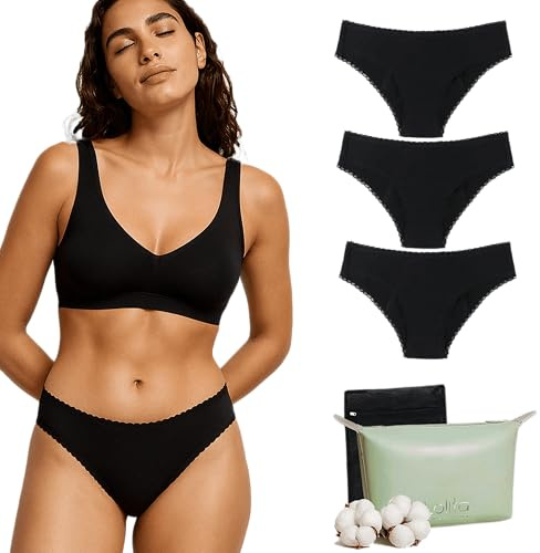 Lolita Dana Periodenunterwäsche Damen, 3er Pack - Schwarze Bikini-Slips mit Spitzenbesatz und Saugkern, waschbare und Wiederverwendbare Menstruationsunterwäsche, Größen XS bis XXL, für den Alltag