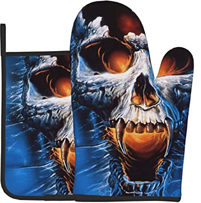 Hitzebeständige Ofenhandschuhe und Topflappen, 2er-Set, blauer Totenkopf, bedruckt, rutschfest, wasserdicht, zum Backen, Kochen, Grill, Blau