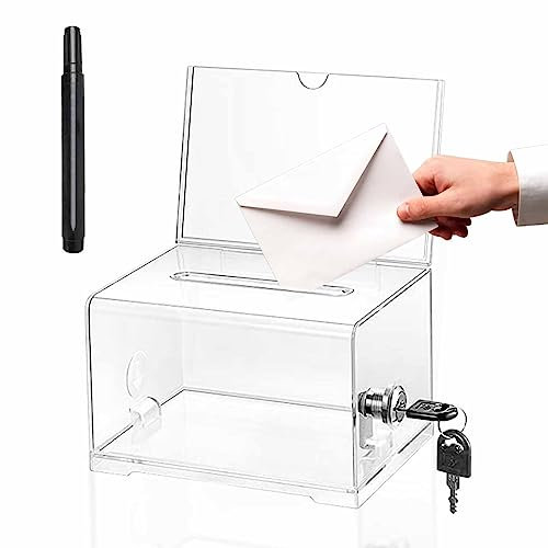 Abschließbare Spendenbox mit Schloss - Acrylspendenbox für Kommentare, Stimmzettel, Spenden, Visitenkarten Sammeln - Losbox mit Markierungsstift (Transparent)