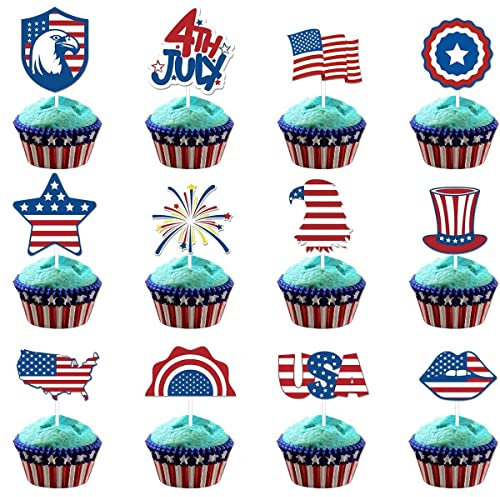 Dinntty USA Patriotische Cupcake-Picks, 12 Stück, Unabhängigkeitstag-Cupcake-Topper, amerikanische Flagge, Kuchendekoration für Urlaubsparty