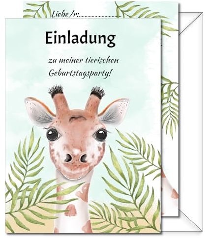 SoSi, 10 Einladungskarten mit 10 passenden Umschlägen inkl. Kuchenrezept, Kindergeburtstag Giraffe, Geburtstag Mädchen und Jungen, Tiere Geburtstag