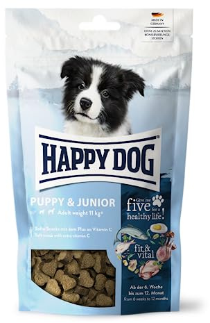 Happy Dog fit & vital Puppy & Junior Huhn, 100 g Welpensnack weich | Softer Welpensnack mit Huhn, Lachs & Reis, Plus an Vitamin C, weizenfrei, ab 6. Lebenswoche