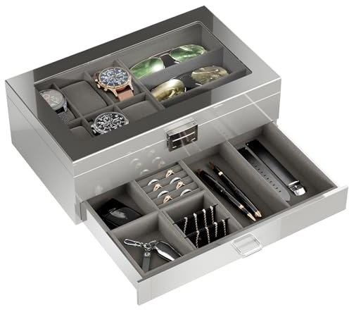 Procase Boite Bijoux Homme à 2 niveaux Luxueuse, 1ème Compartiment pour Range 6 Montres 3 Lunettes de Soleil, 2ème Compartiment pour de Petits Bijoux Objets, avec Couvercle en Verre -Gris