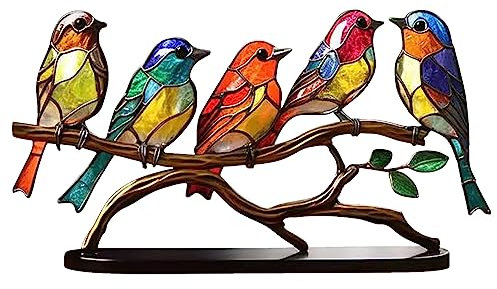 Statue d'oiseau en verre teinté sur branche d'arbre - Décoration de bureau, colibri multicolore - Figurines d'oiseau pour décoration de salon, chambre à coucher, bureau, cadeau d'anniversaire (E)