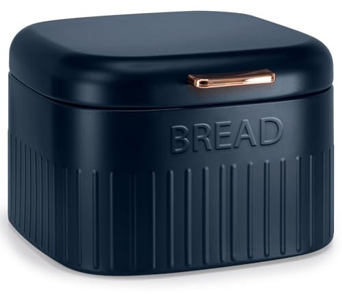 EHC Large Metal Bread Box Bin, Kitchen Storage Box For Countertop With Hinged Lid, Navy Blue