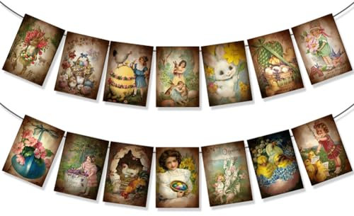 Lot de 2 bannières de Pâques vintage de style victorien avec œufs de lapin, guirlande d'anniversaire pour Pâques, porte murale, maison, bureau, cheminée, décoration à suspendre