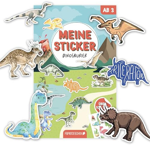 Papierdrachen Stickerblock Dinosaurier - Über 80 Vielfältige Sticker | Perfekt für Kreatives Gestalten | tolles Mitbringsel oder Geschenkidee Set 4