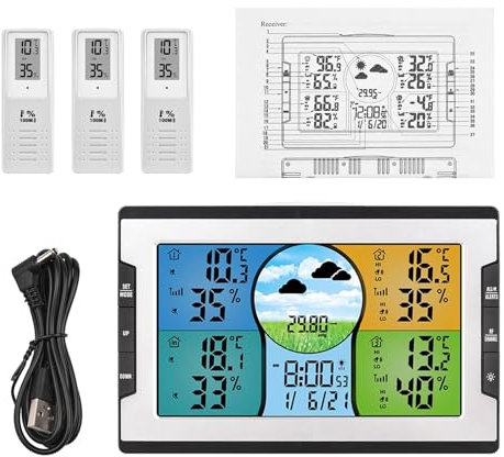Station Météo Interieur Exterieur Sans Fil,thermomètre hygromètre avec 3 capteurs, fonction 3 en 1, prévisions météo, réveil et fonction snooze, écran LCD couleur à luminosité réglable
